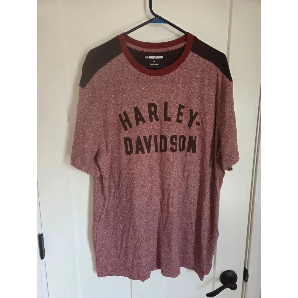 Harley Davidson Mens XL T-Shirt Colorblock Heather Burgundy Black Graphic Tee